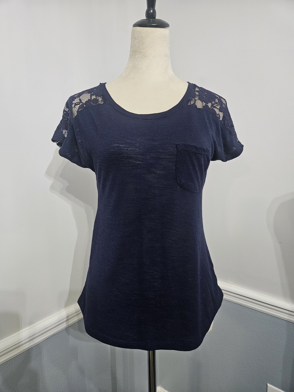 Women's Navy Lace Shoulder Pocket Tee